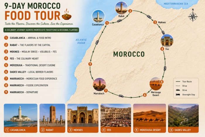 9-Day Morocco Food Tour route map with Casablanca, Rabat, Meknes, Fes, Merzouga Desert, Dades Valley and Marrakech