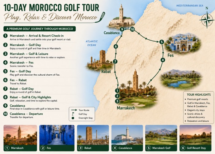 10-Day Morocco Golf Tour itinerary map with Marrakech, Fes, Rabat, Casablanca and selected golf experiences