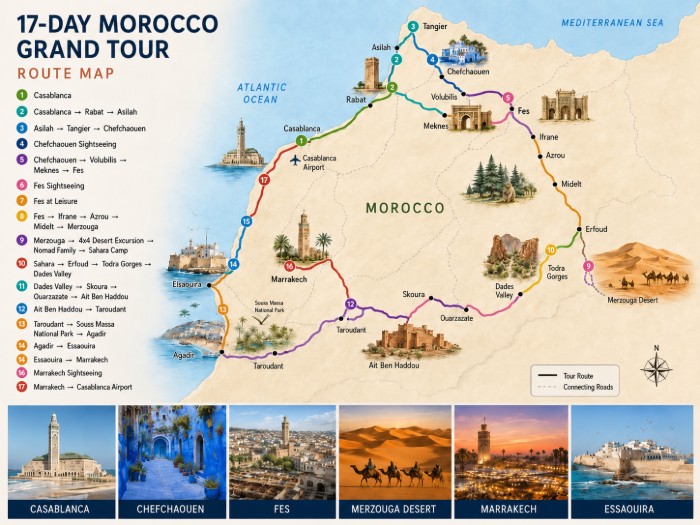17-Day Morocco Grand Tour Itinerary Map 17-Day Morocco Grand Tour route map from Casablanca to Chefchaouen, Fes, Merzouga Desert, Marrakech, Essaouira and Agadir