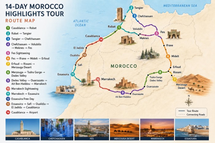 14-Day Morocco Highlights Tour route map with Casablanca, Rabat, Tangier, Chefchaouen, Fes, Merzouga Desert, Marrakech, Essaouira and Oualidia