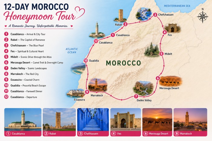 12-Day Morocco Honeymoon Tour route map with Casablanca, Rabat, Chefchaouen, Fes, Merzouga Desert, Dades Valley, Marrakech, Essaouira and Oualidia
