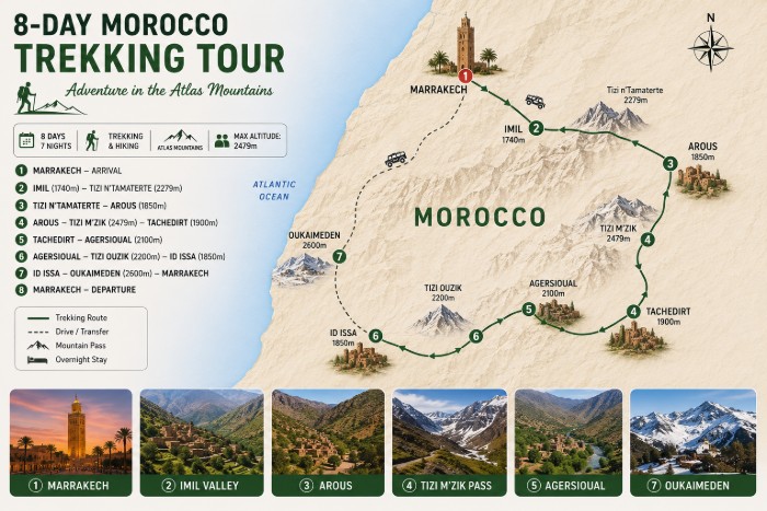 8-Day Morocco Trekking Tour route map through Marrakech, Imlil Valley, Tizi n’Tamatert, Arous, Tizi M’zik Pass, Tachedirt, Agerisoual, Id Issa and Oukaimeden