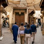 Luxury travelers touring Fez medina alley