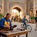 Cobbler working in busy Meknes city square