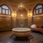 Traditional Moroccan hammam spa interior with mosaic tiles