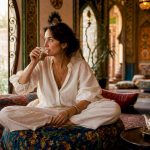 Woman relaxing in Moroccan riad courtyard